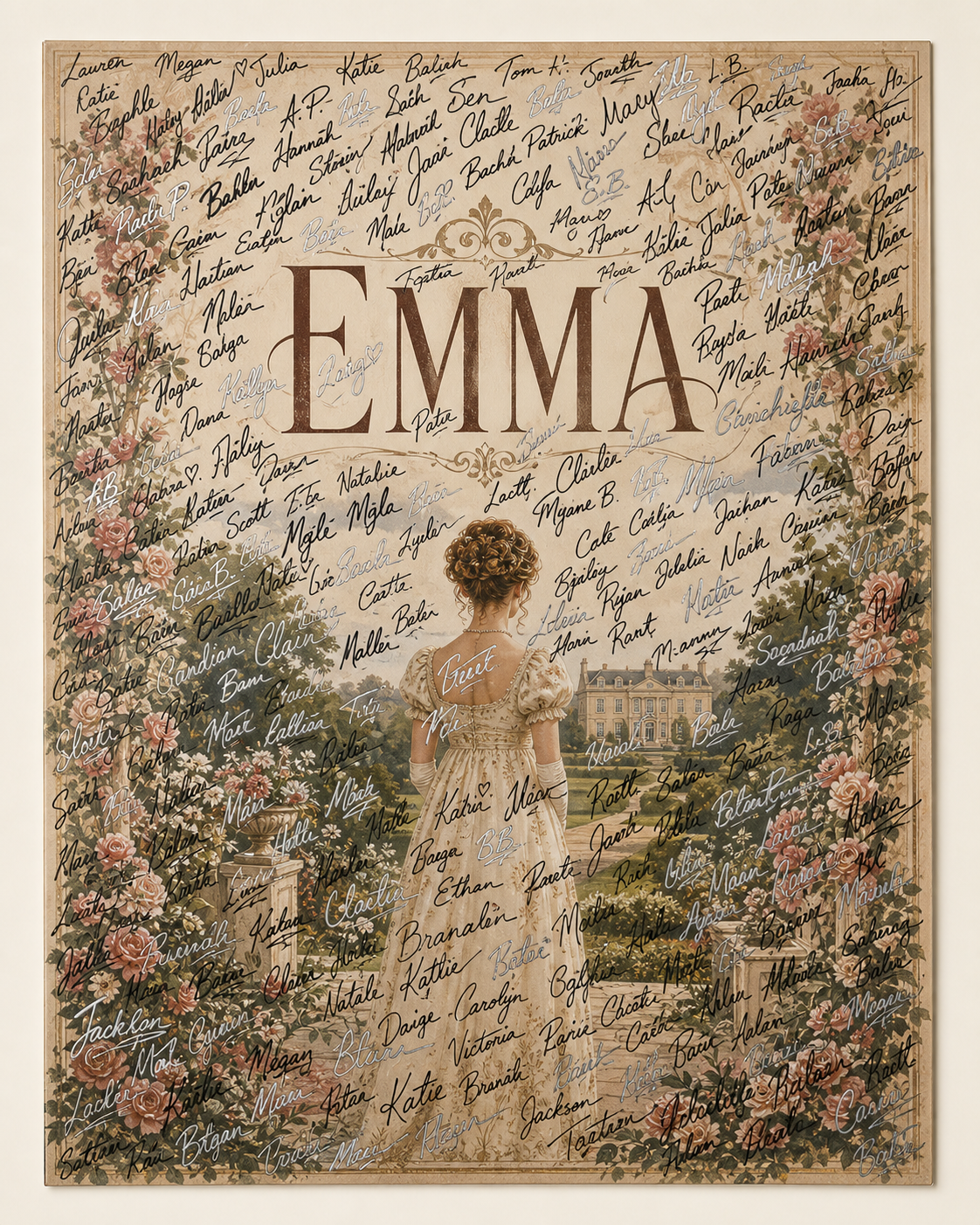 An Emma show poster covered edge to edge in handwritten cast and crew signatures.