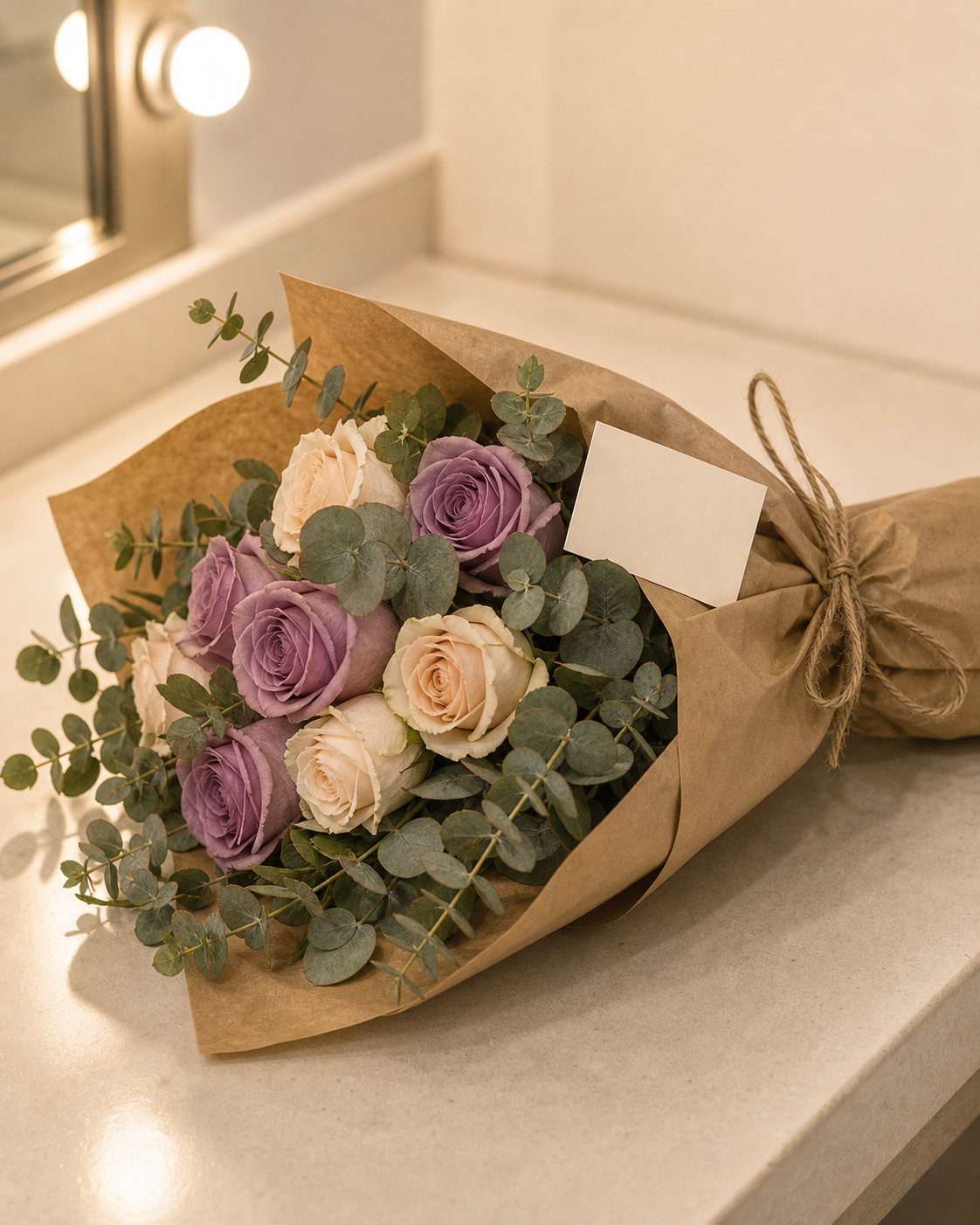 A wrapped bouquet of roses and eucalyptus in kraft paper with a small gift card.