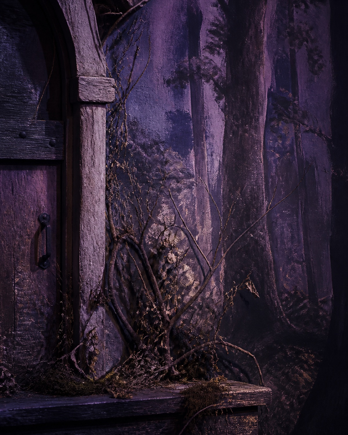 A close-up of the painted forest set with a wooden cottage door frame and dried branches arranged as scenery.