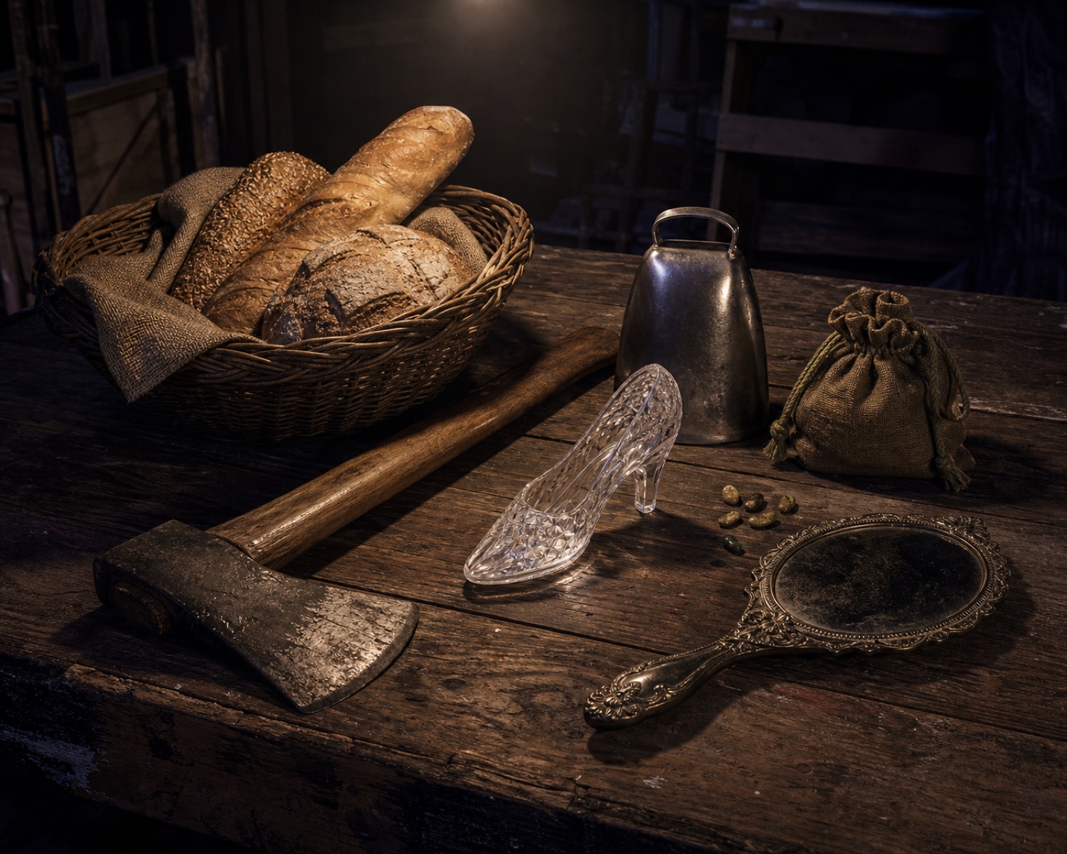 A backstage props table with a wicker basket of bread loaves, a wooden axe, a glass slipper, and a hand-mirror under a single work light.