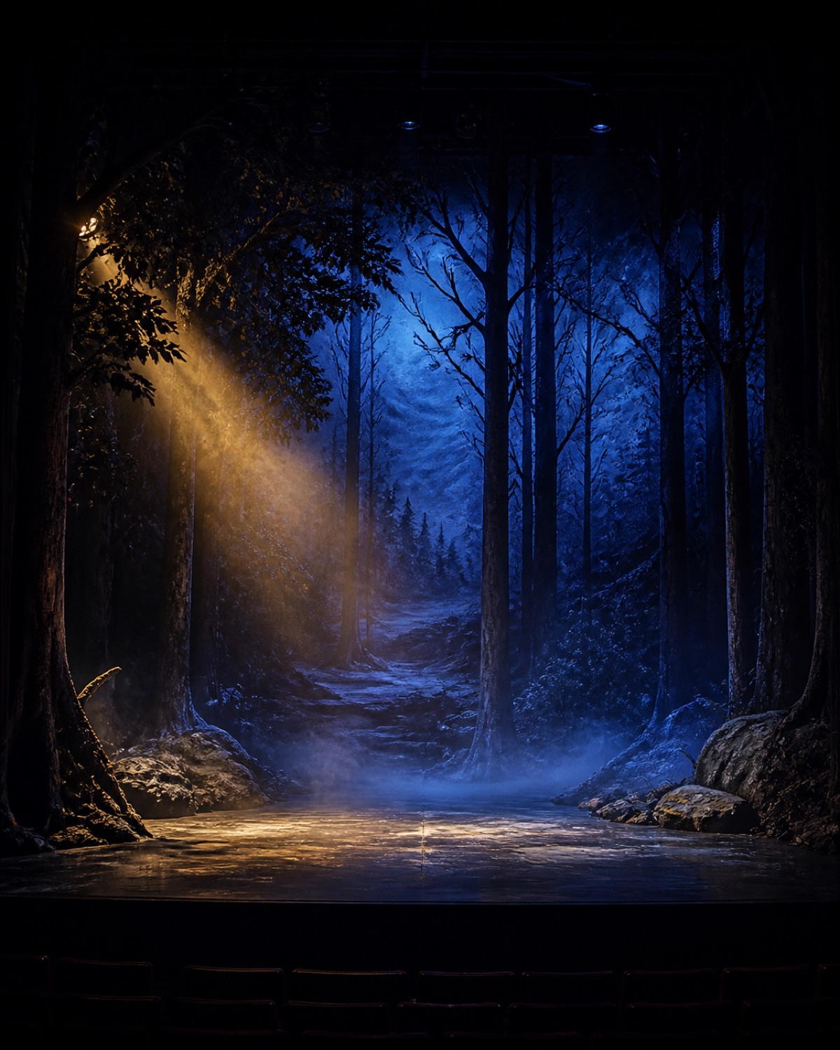 The stage lit in deep blue with a single amber spot cutting through theatrical fog.
