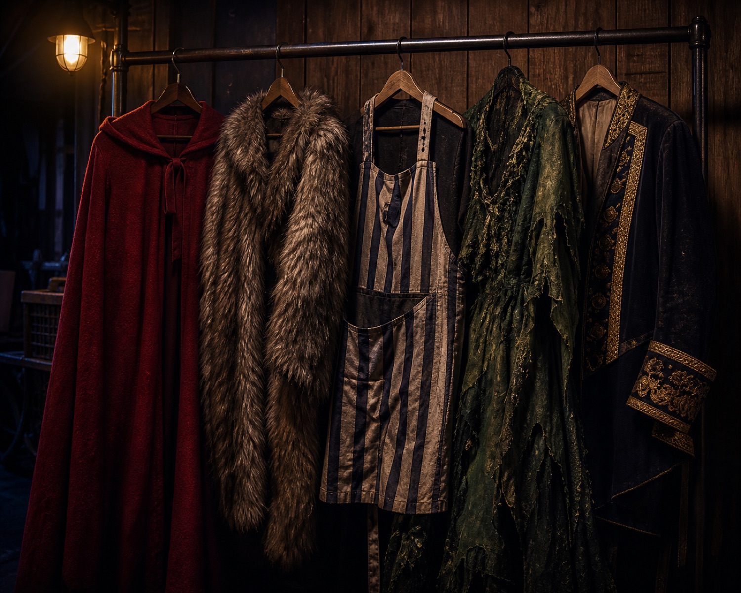 A wardrobe rack with the witch's green dress, the wolf coat, the baker's apron, and a red cloak hanging beneath a single tungsten work light.