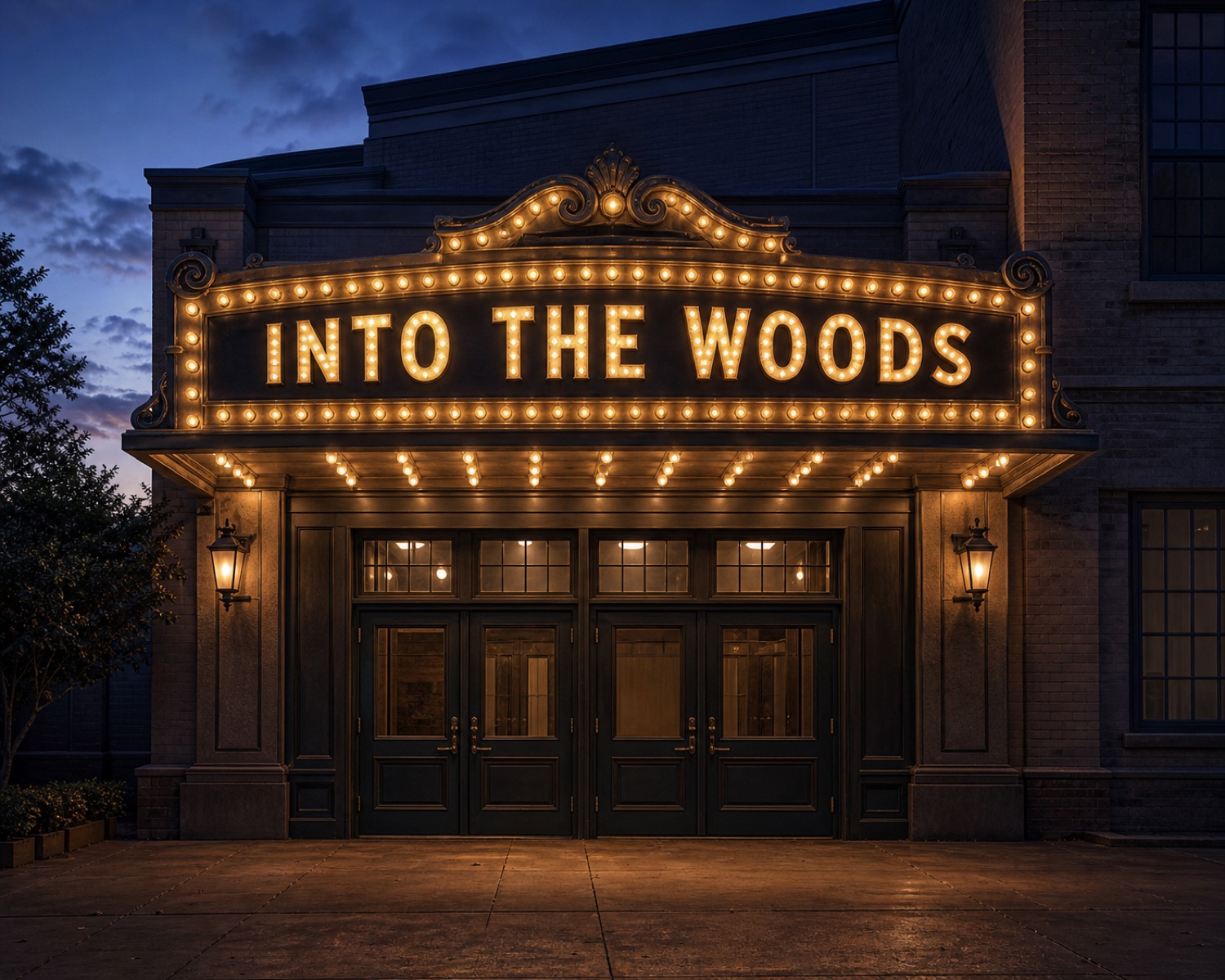The exterior marquee of the Miriam Todd Theatre at dusk with vintage bulbs spelling Into the Woods above closed doors.