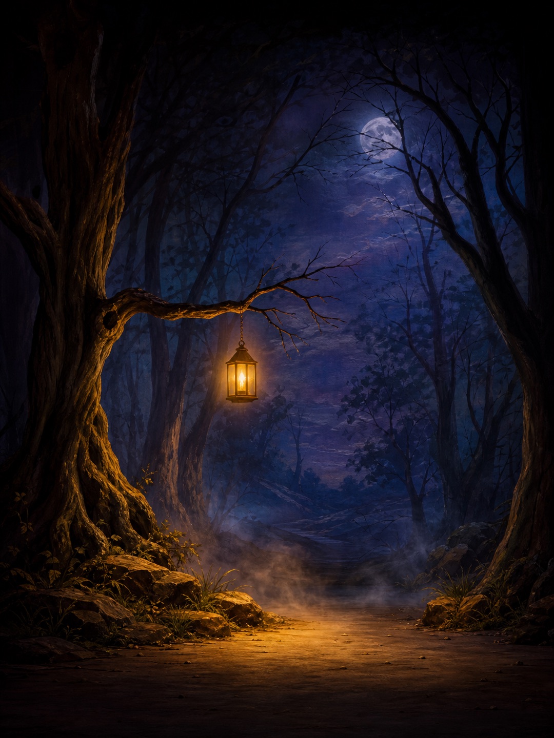 A painted forest at night with a single warm lantern glowing on a low branch.