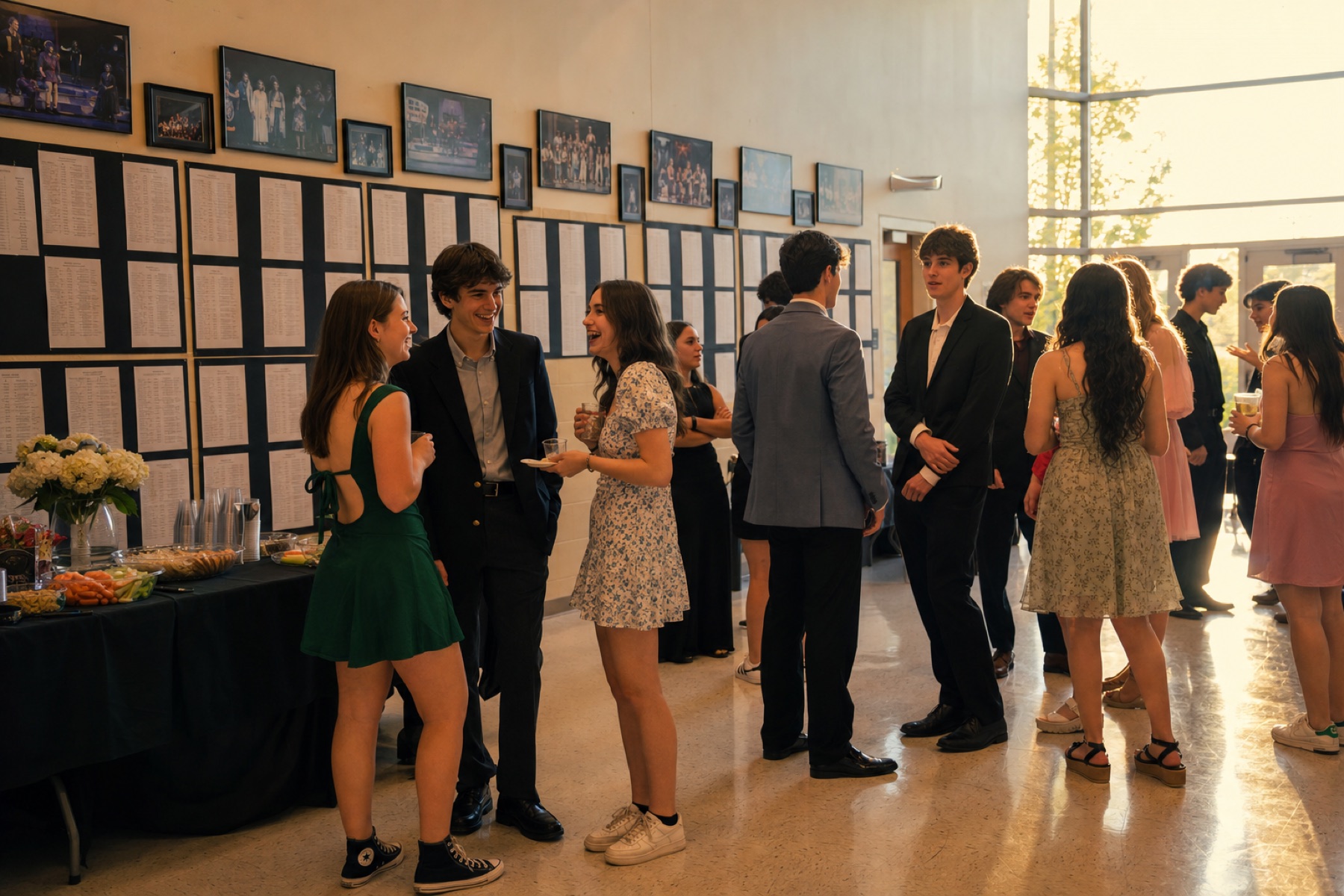 Vagabonds gathered in a school auditorium lobby, cast lists from the year pinned to the walls behind them.