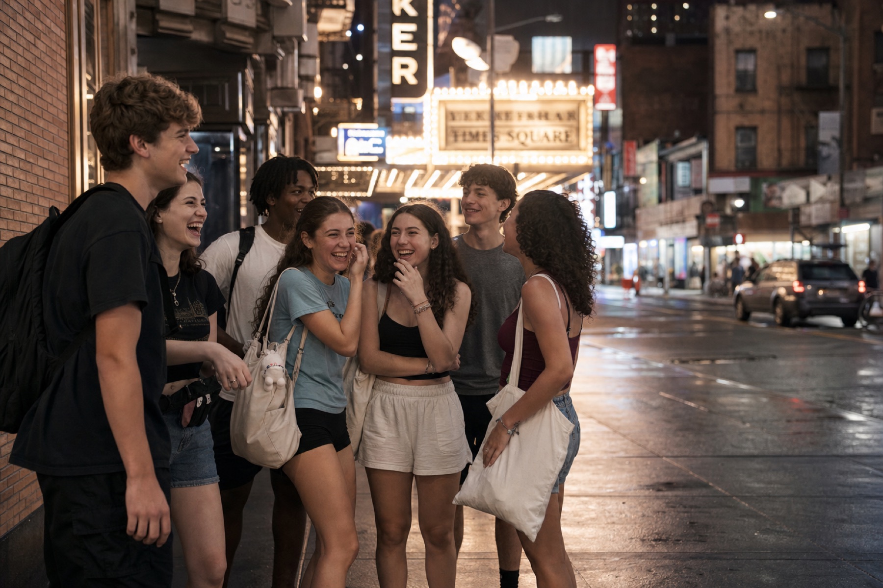 Vagabonds laughing on a Times Square sidewalk at night, Broadway marquees blurred behind them.