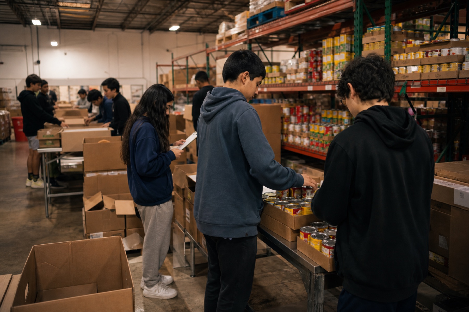 Vagabonds sorting boxes at a community food pantry under warm overhead light.