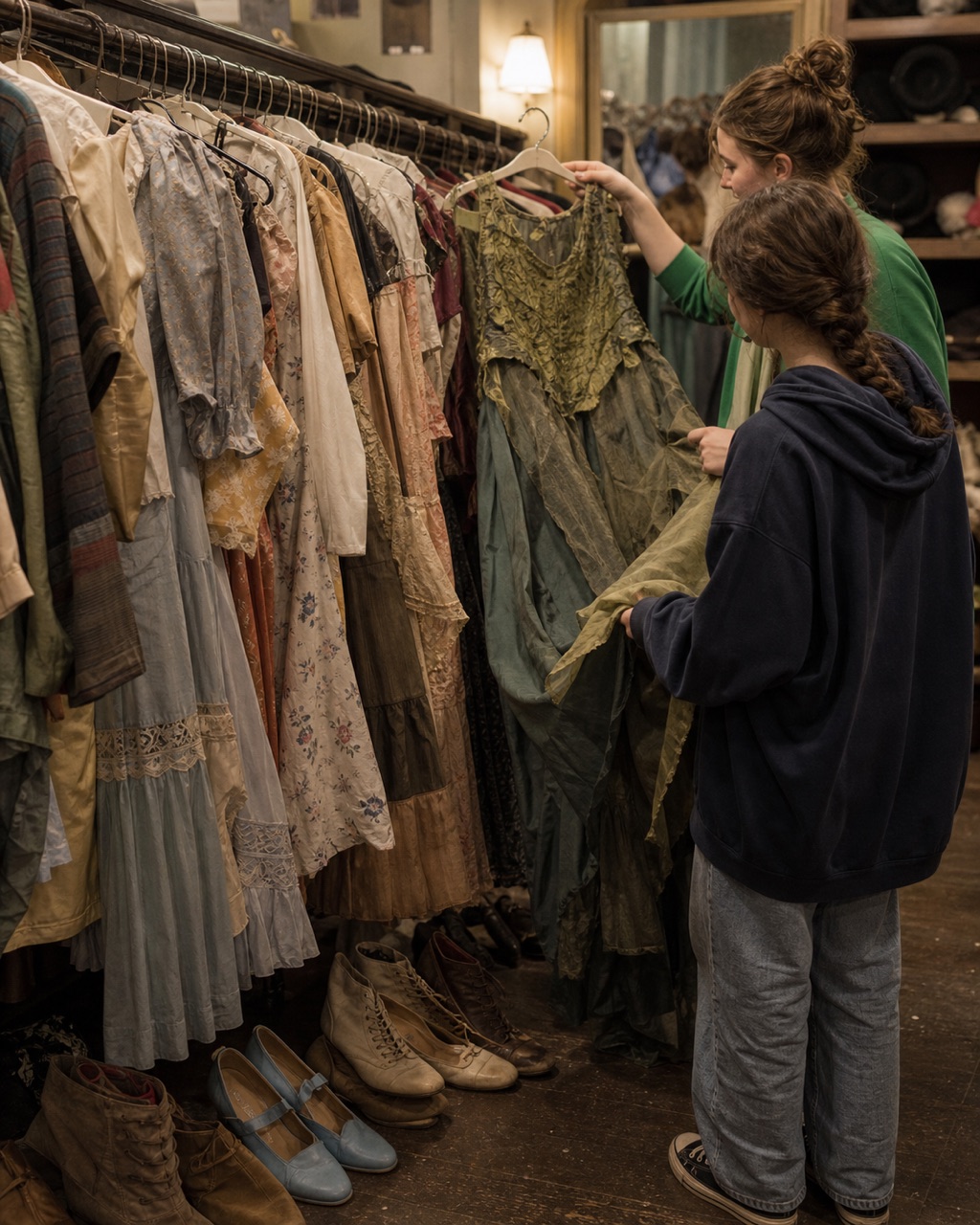 Two Vagabonds pulling costumes from a wardrobe rack.
