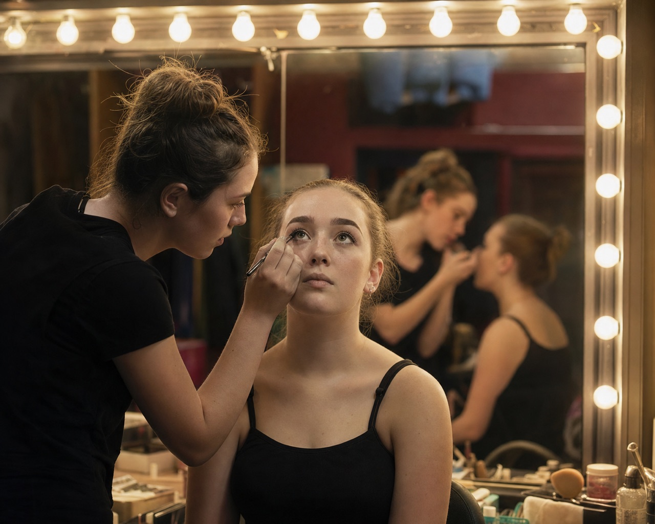 A Vagabond in a vanity-lit makeup chair with stage makeup half-finished.