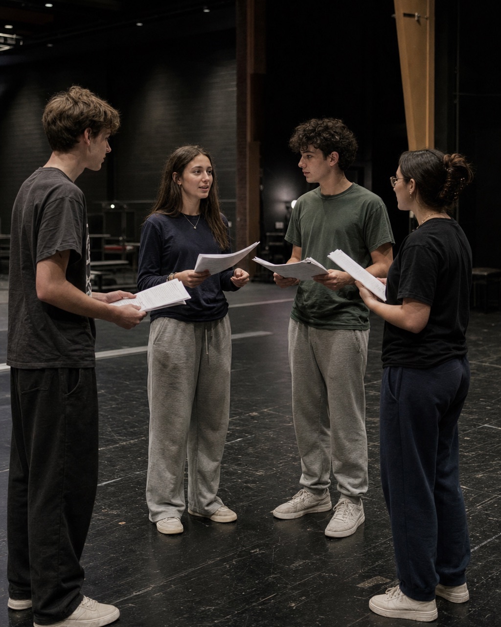 Four Vagabonds in a loose semicircle on a bare stage, scripts in hand.
