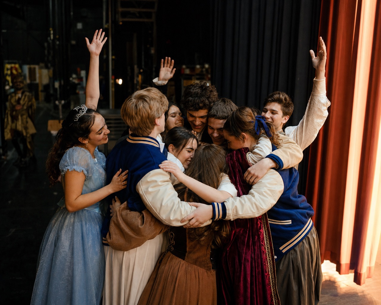 Vagabonds backstage in a group hug after an opening-night curtain call.