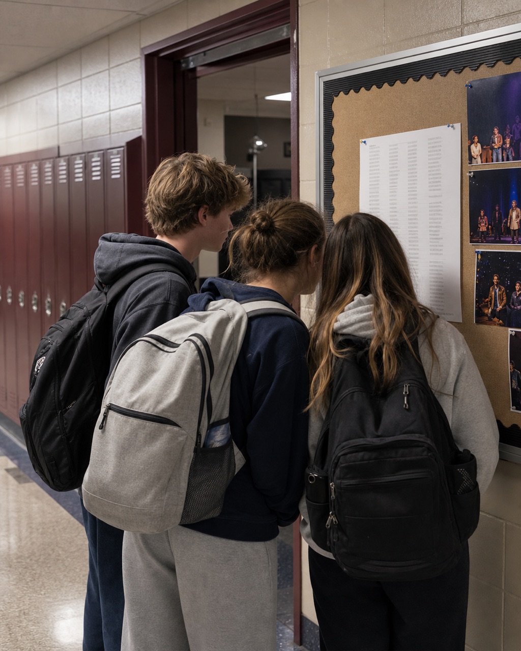 Three Vagabonds in a hallway crowded around a freshly-posted cast list.
